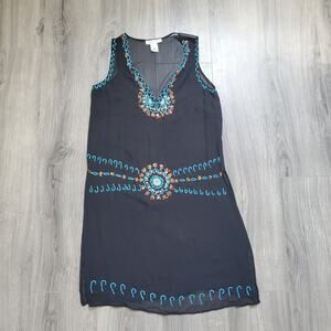 WHBM Silk Cover Up Dress Sheer Beaded Black Navajo Whimsigoth Resort Swim Boho